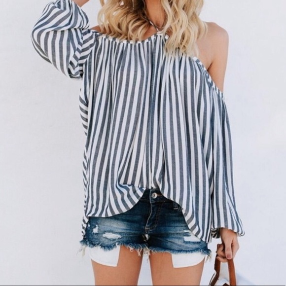 5⭐️ /SERENITY/ Cold Shoulder Striped Blouse Top - Picture 2 of 9